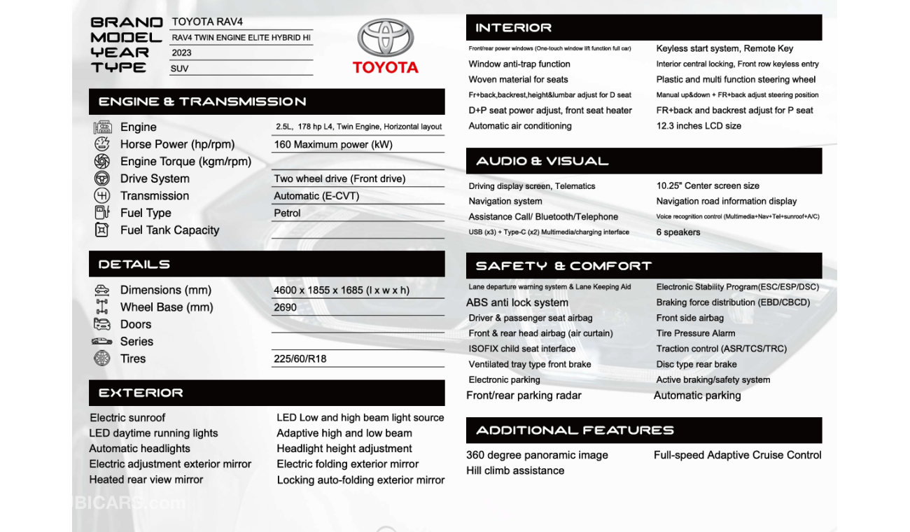 Toyota RAV4 2.5L 4X2 ELITE HYBRID HI A/T PTR