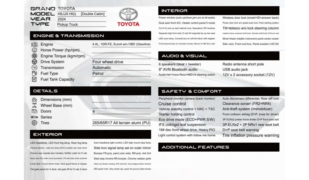 تويوتا هيلوكس 4.0L 4X4 D/C HI(i) A/T PTR 2024 Model