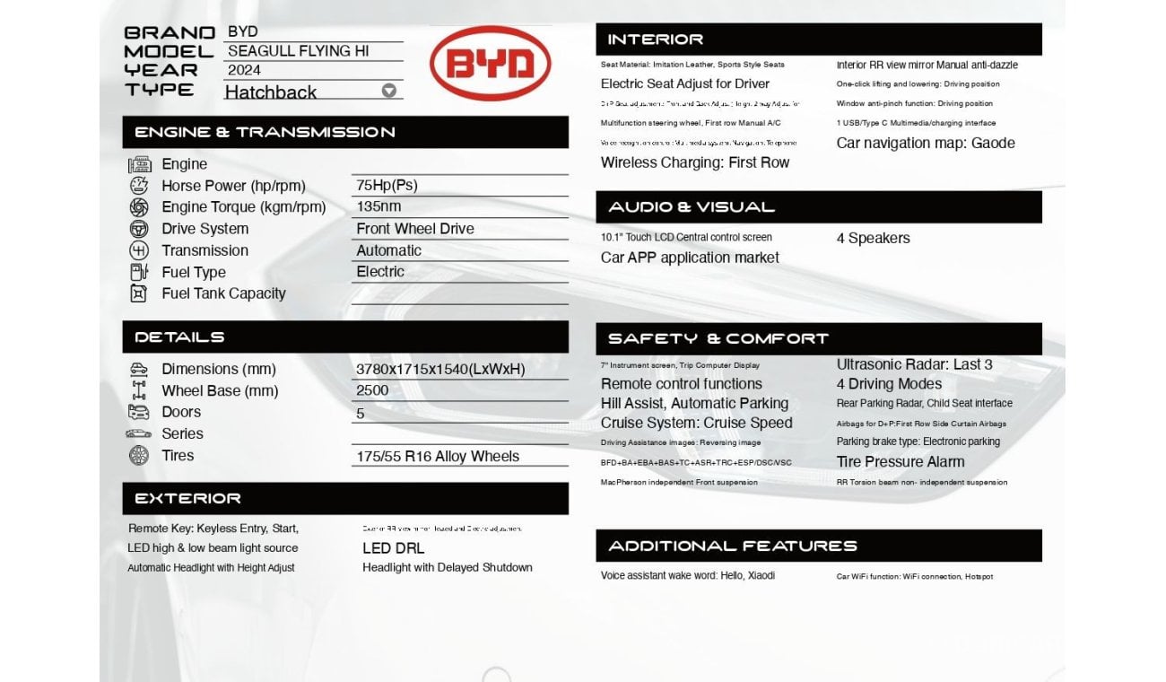 BYD Seagull FLYING HATCHBACK HI AT ELECTRIC Car 2024 Model